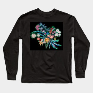 Boho Fantasy Floral Bouquet - Colorful Flowers on Black Long Sleeve T-Shirt